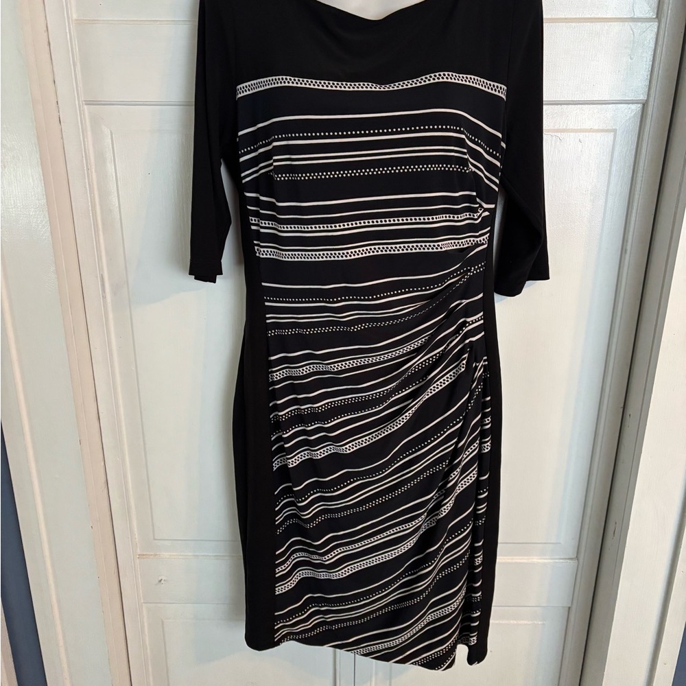 Chaps Black and White Patterned Long Sleeve Dress
